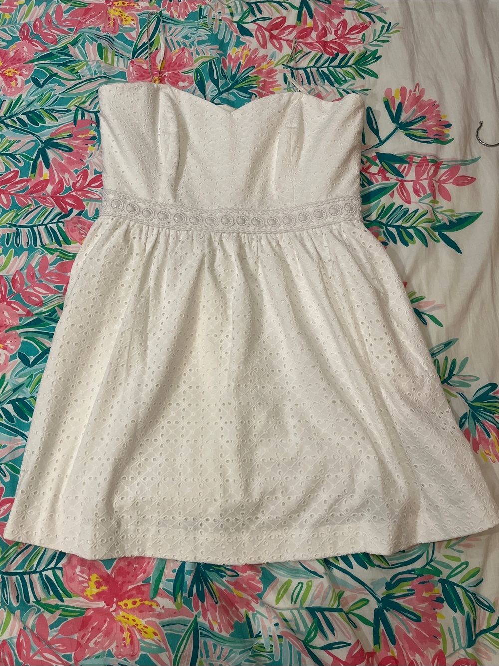 Lilly Pulitzer White Strapless Eyelet Sundress with Waist Lace